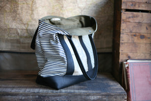 1950's era Ticking Fabric & Leather Carryall - SOLD