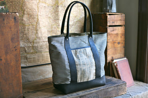 1950's era Ticking Fabric & Leather Carryall - SOLD