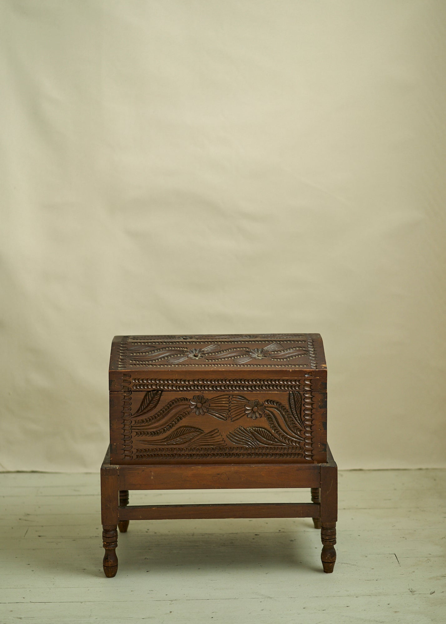 Antique Hand Carved Wooden Trunk