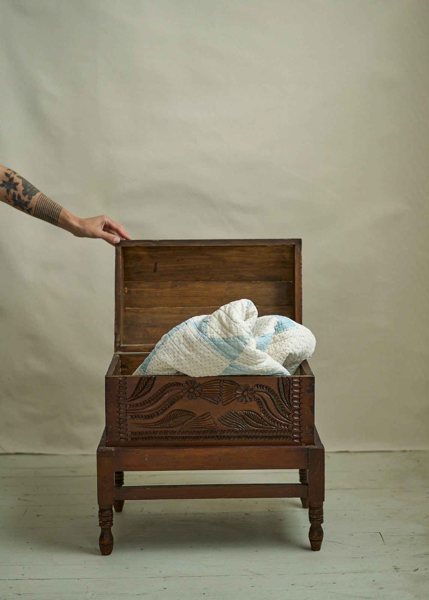 Antique Hand Carved Wooden Trunk