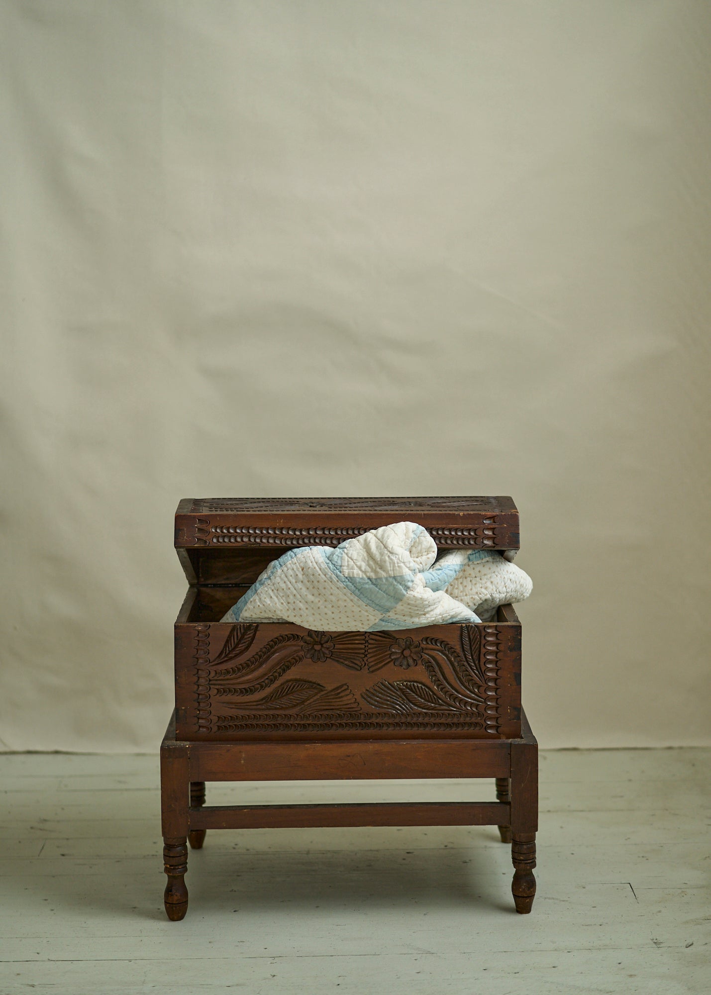 Antique Hand Carved Wooden Trunk