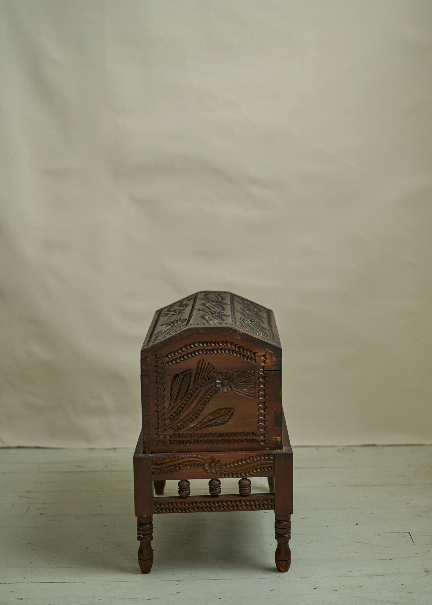 Antique Hand Carved Wooden Trunk