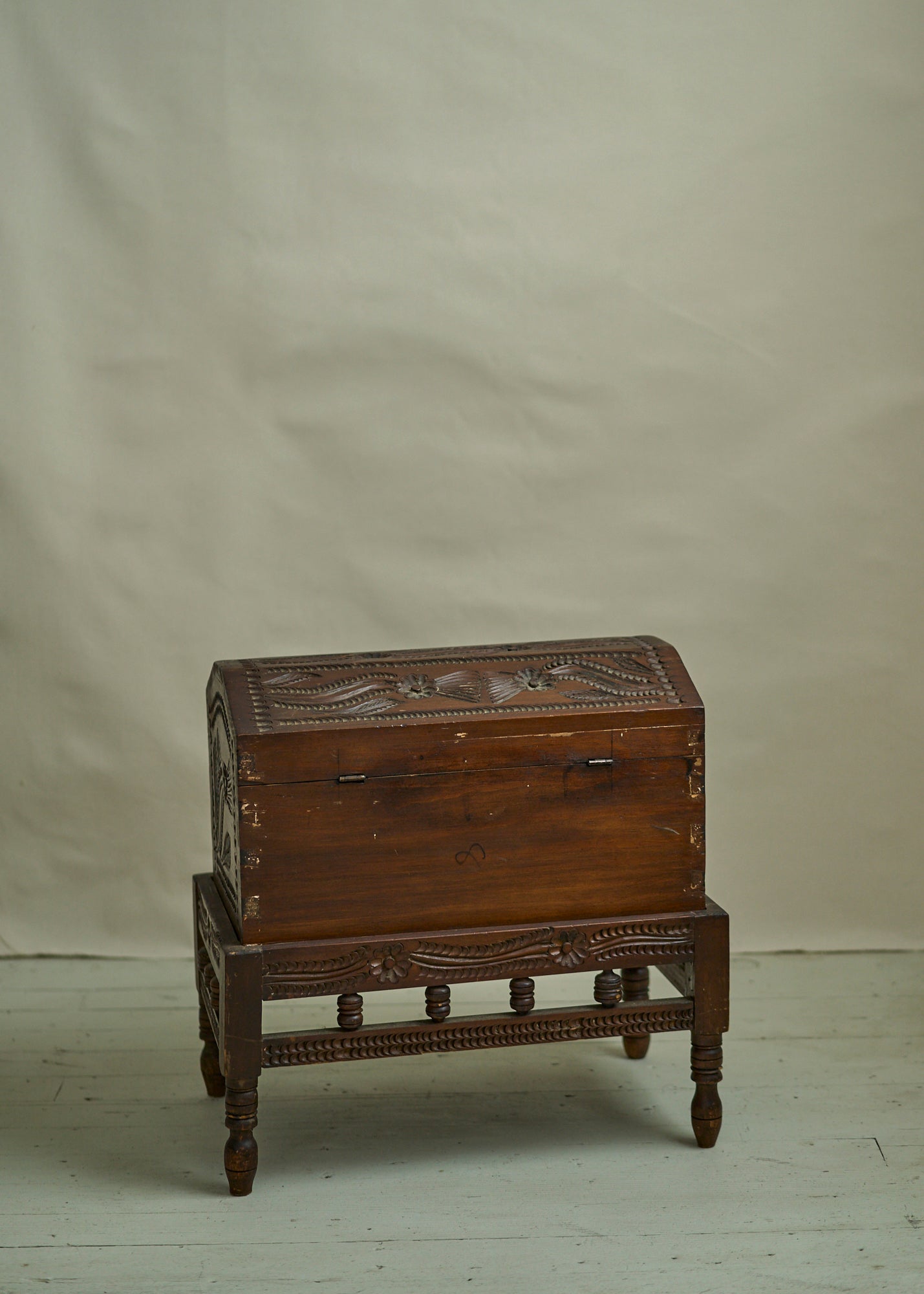 Antique Hand Carved Wooden Trunk