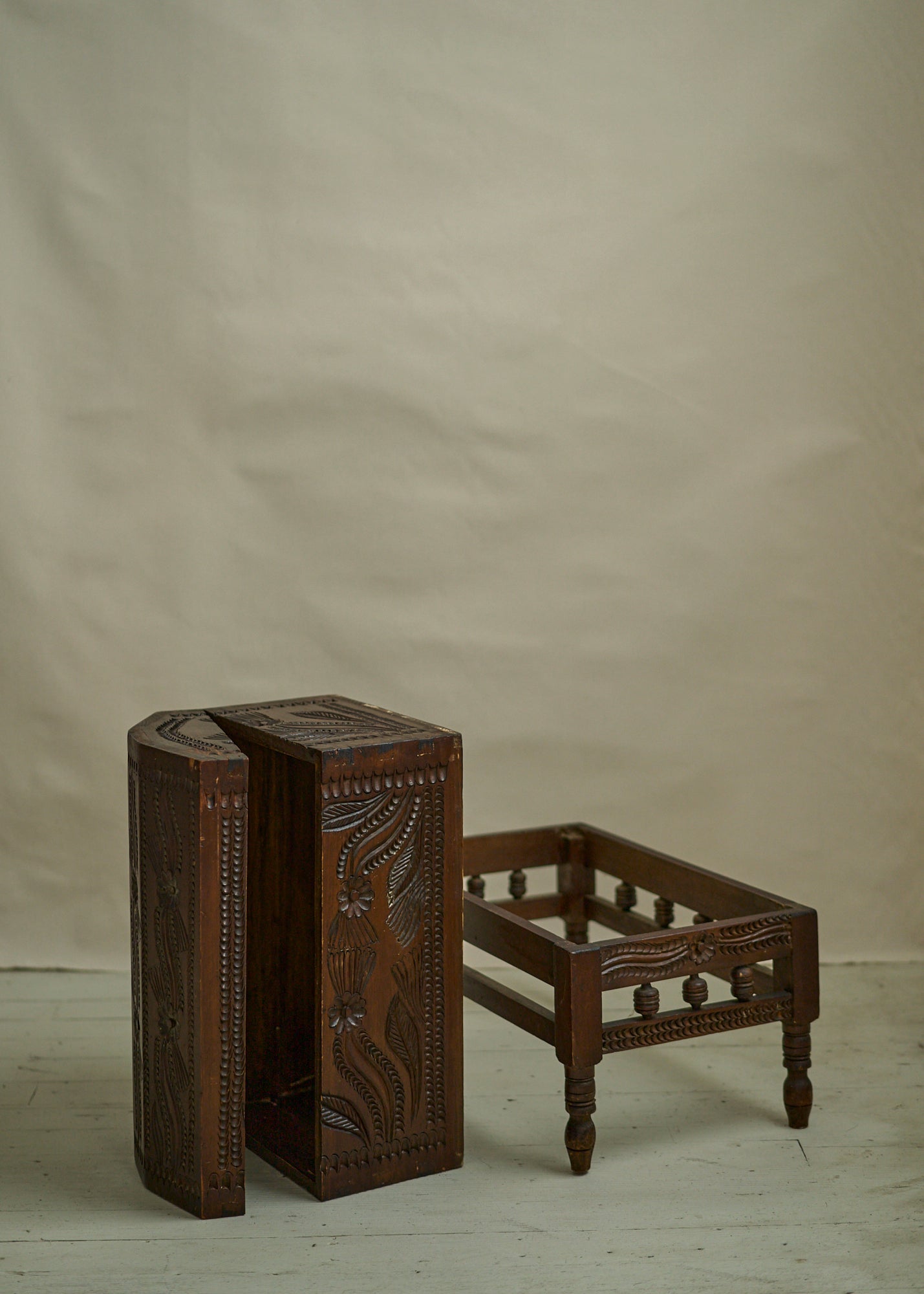Antique Hand Carved Wooden Trunk