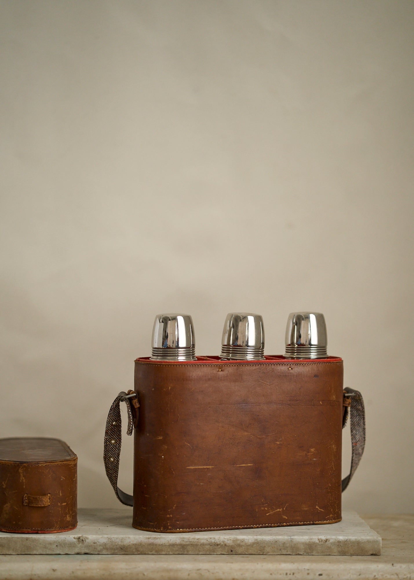 Antique Picnic Thermos Trio in Leather Case