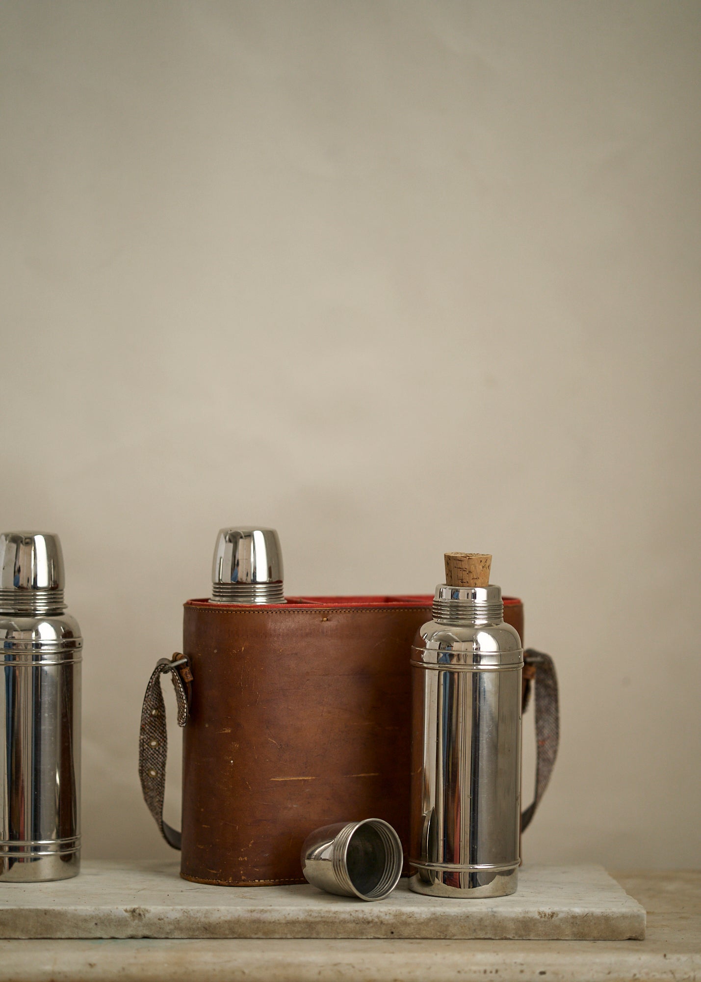 Antique Picnic Thermos Trio in Leather Case