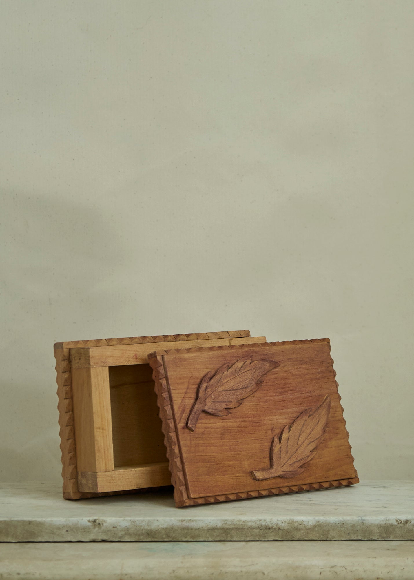 Folk Art Carved Leaf Trinket Box