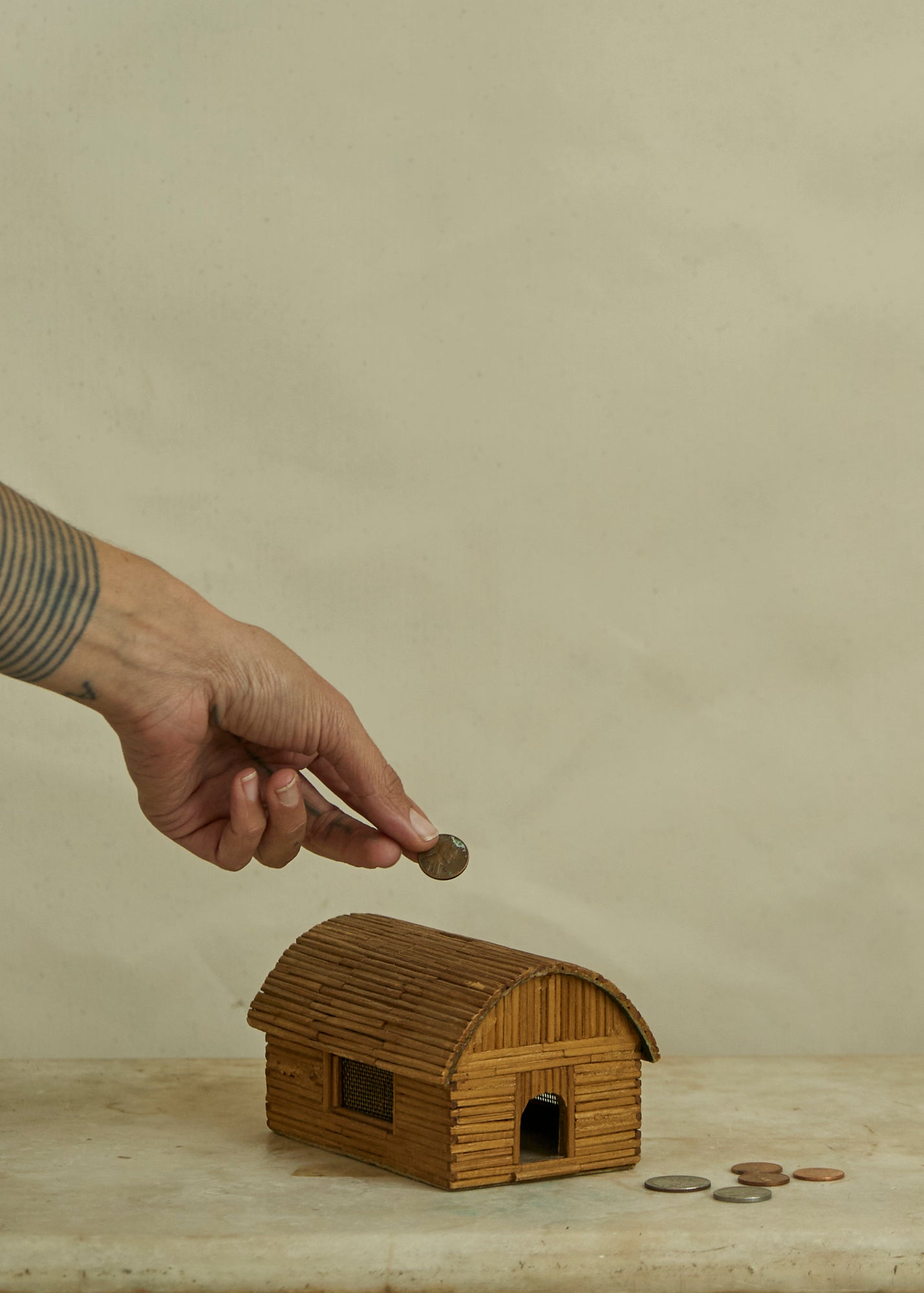 Antique Tramp Art Matchstick Cabin Bank