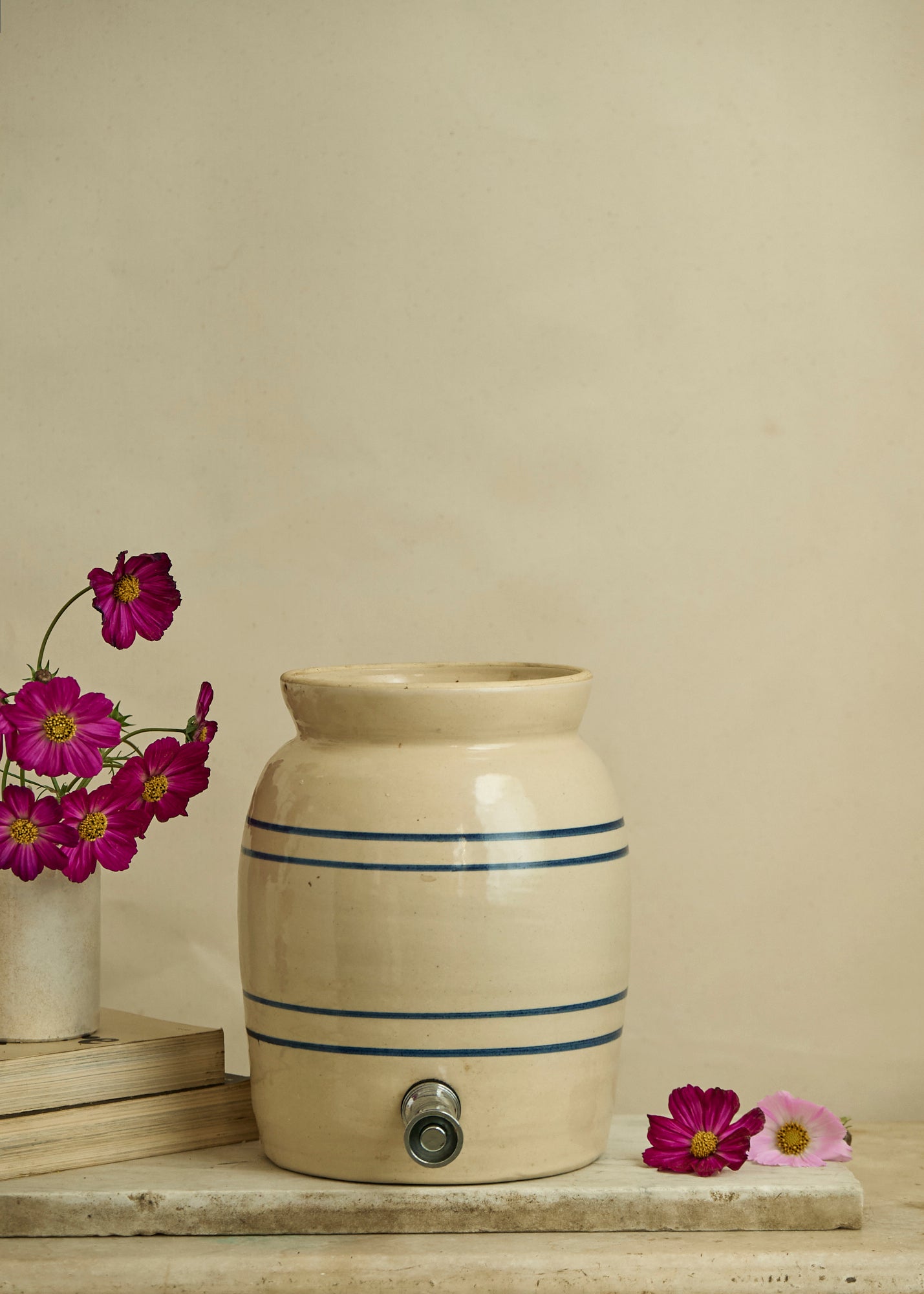 Vintage Blue Stripe Stoneware Crock with Spigot