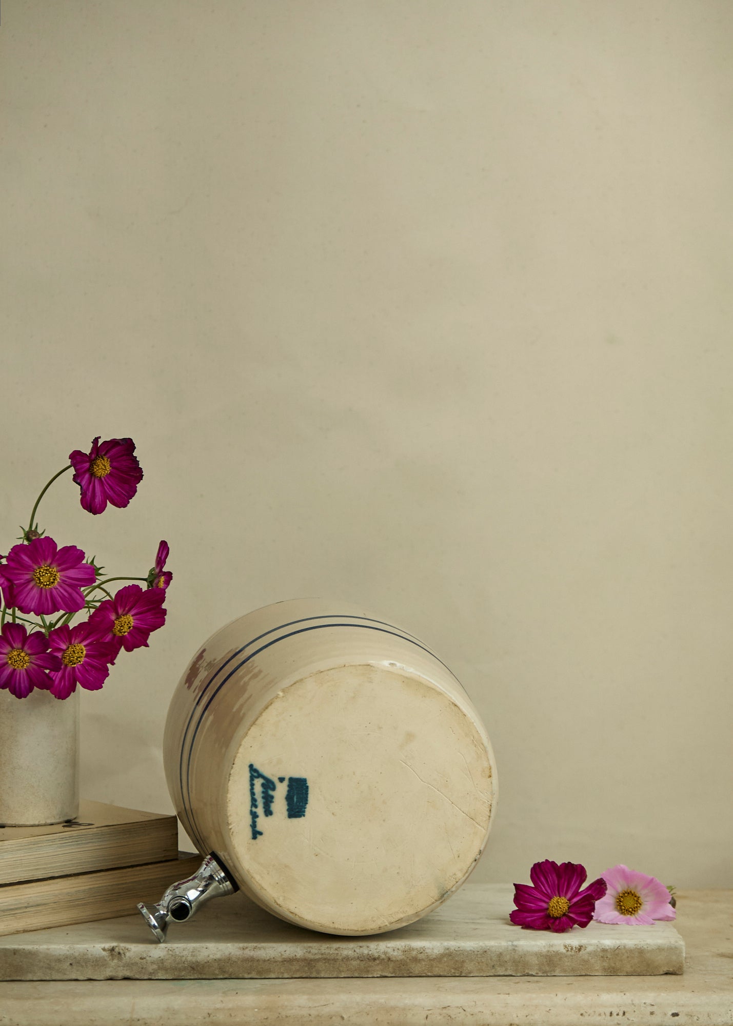 Vintage Blue Stripe Stoneware Crock with Spigot