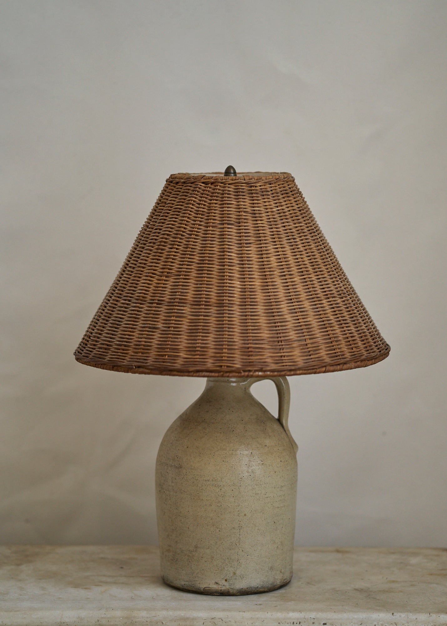 Antique Stoneware Lamp with Woven Shade