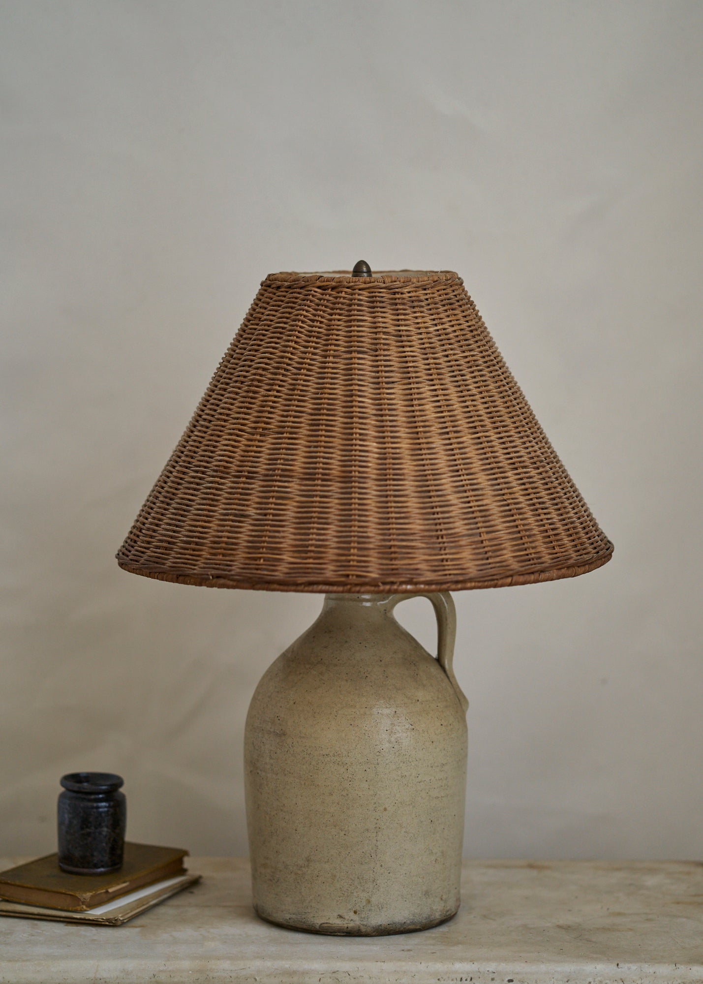 Antique Stoneware Lamp with Woven Shade