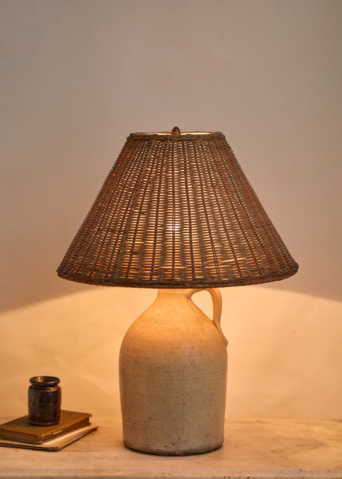 Antique Stoneware Lamp with Woven Shade