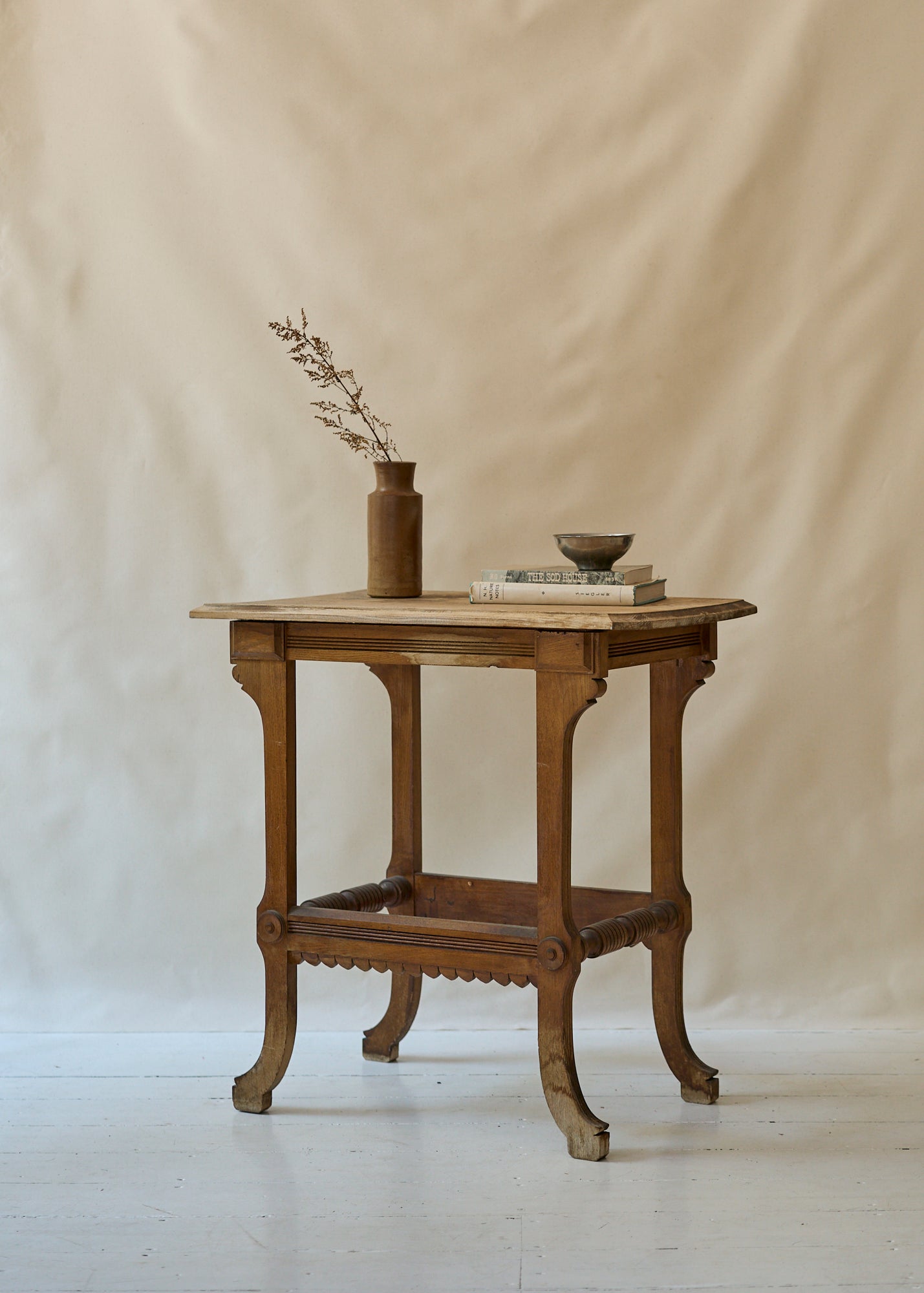 Antique Oak Side Table with Carved Details – FORESTBOUND, image size:1429x2000