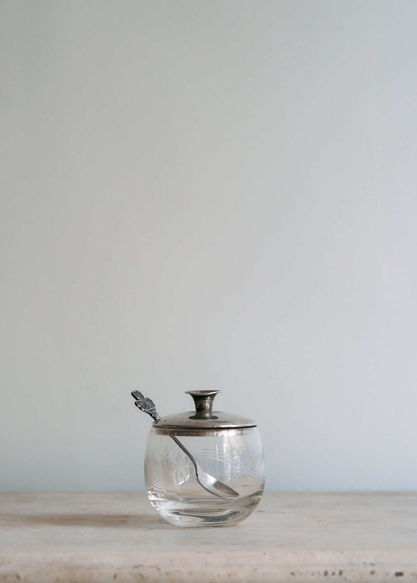 Vintage Glass and Sterling Clover Sugar Spoon and Jar