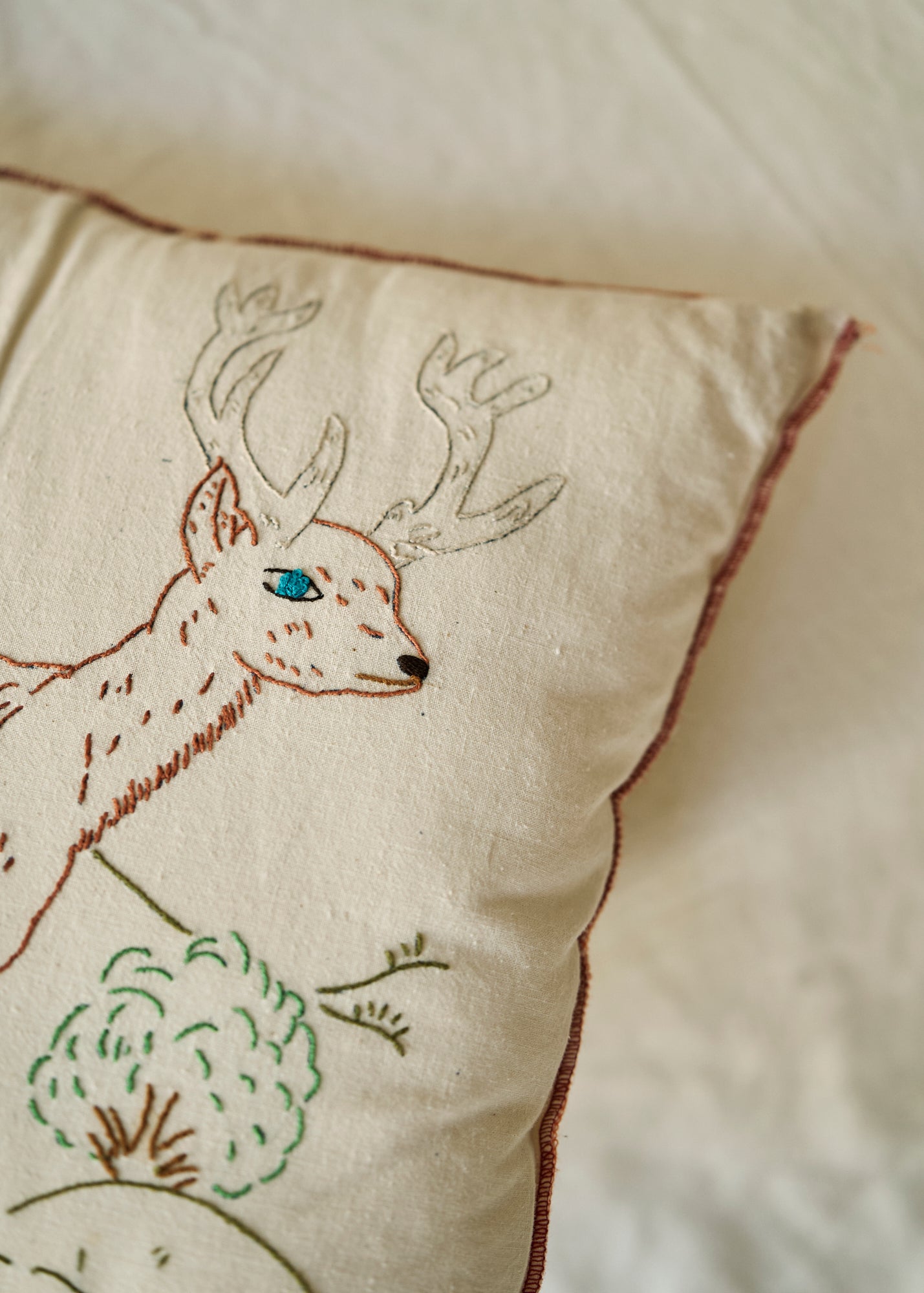 Antique Folk Art Stag and Dog Needlework Pillow