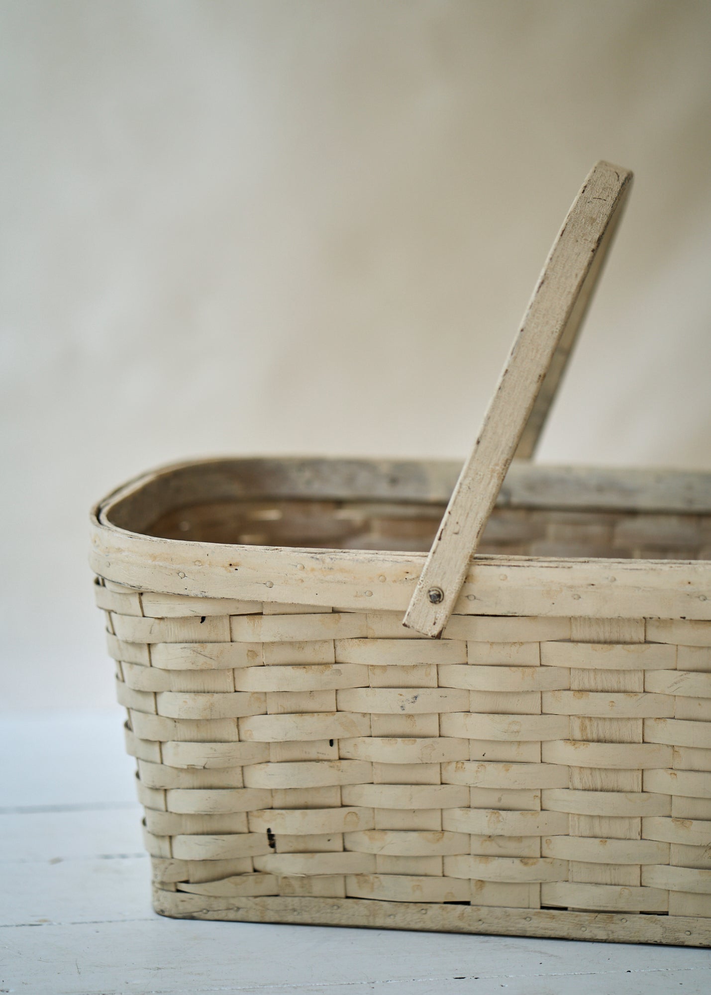 Antique Large White Woven Basket with Handles