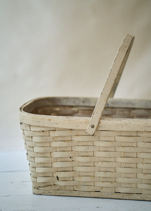 Antique Large White Woven Basket with Handles