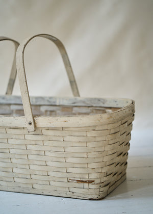 Antique Large White Woven Basket with Handles