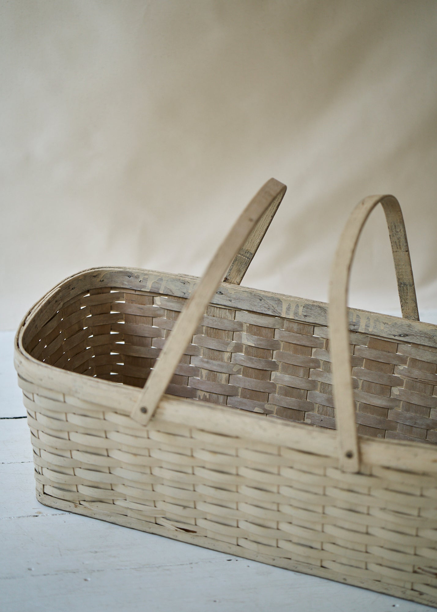 Antique Large White Woven Basket with Handles
