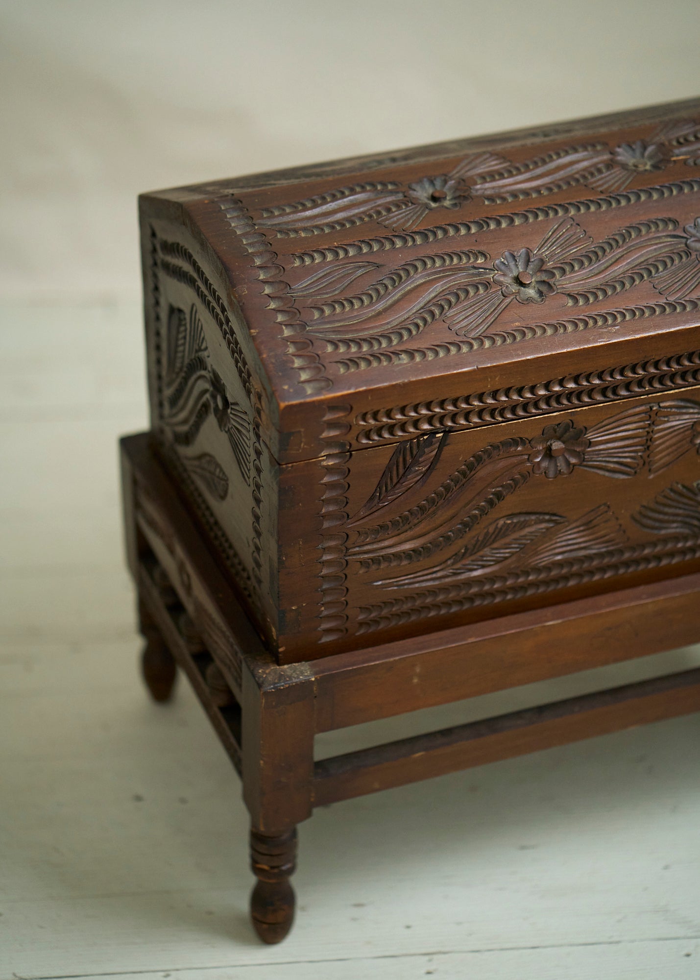 Antique Hand Carved Wooden Trunk