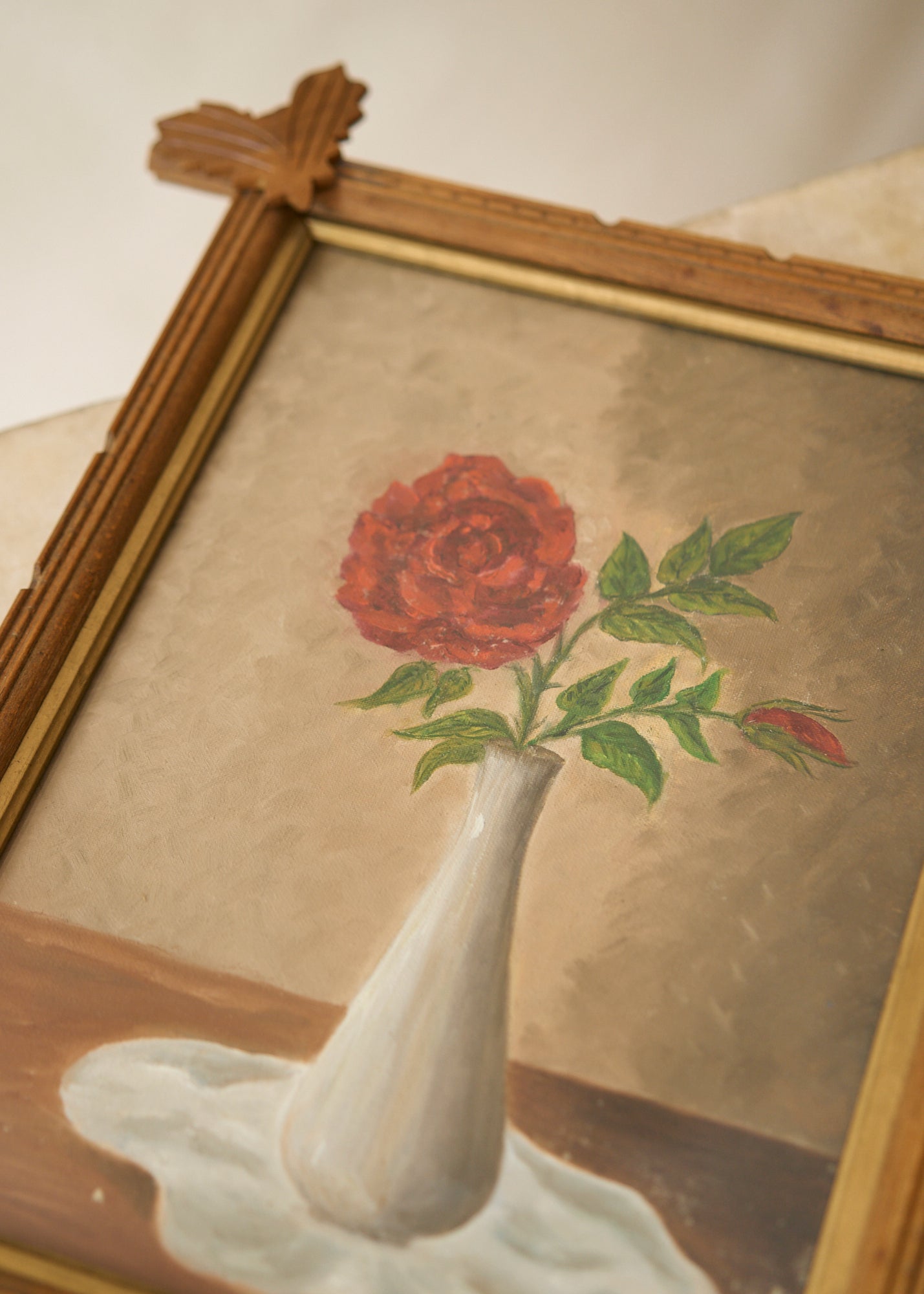 Vintage Oil Painting of a Rose in Simple Vase
