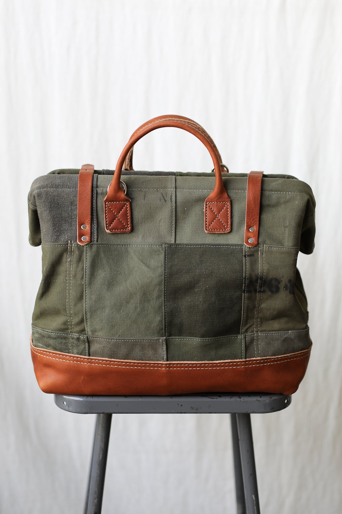 WWII era Salvaged Canvas Patchwork Carryall