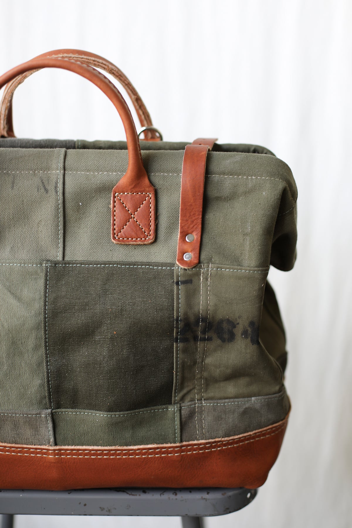 WWII era Salvaged Canvas Patchwork Carryall