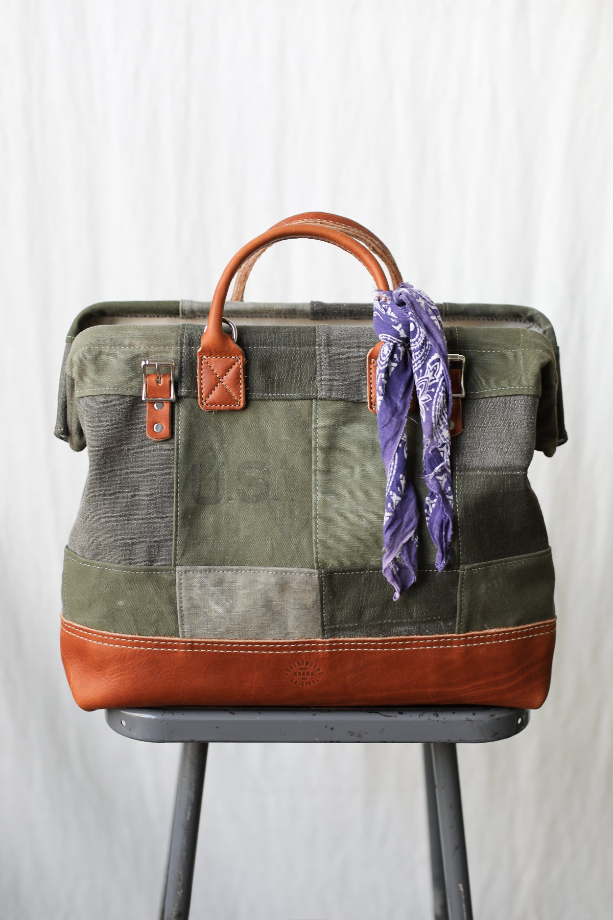 WWII era Salvaged Canvas Patchwork Carryall