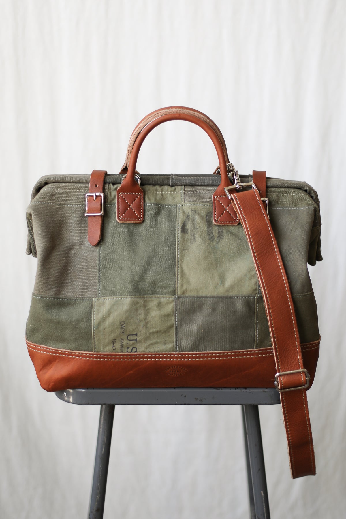 WWII era Salvaged Canvas Patchwork Carryall