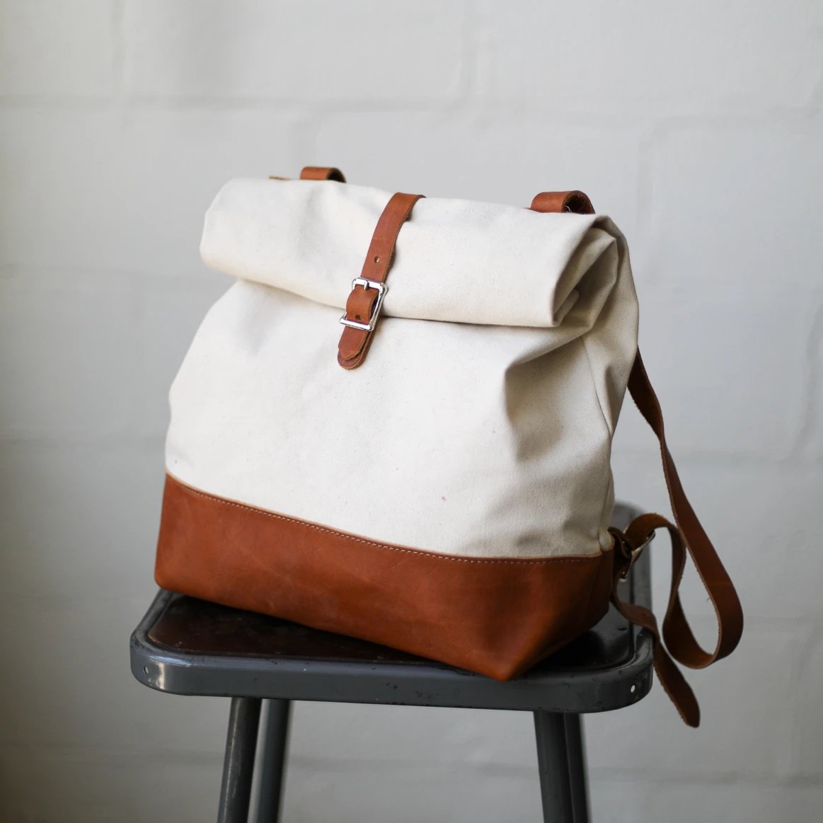 Canvas & Leather Roll Top Backpack