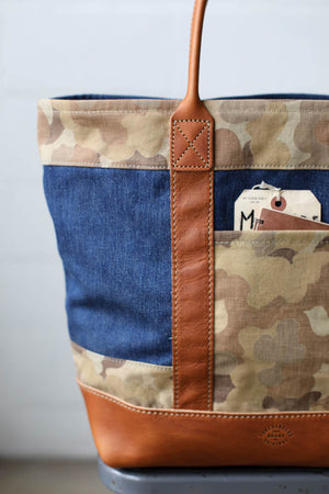 1940's era Salvaged Denim & Camo Tote Bag