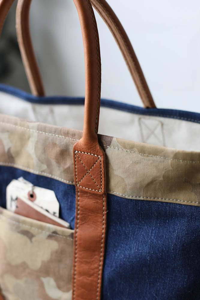 1940's era Salvaged Denim & Camo Tote Bag