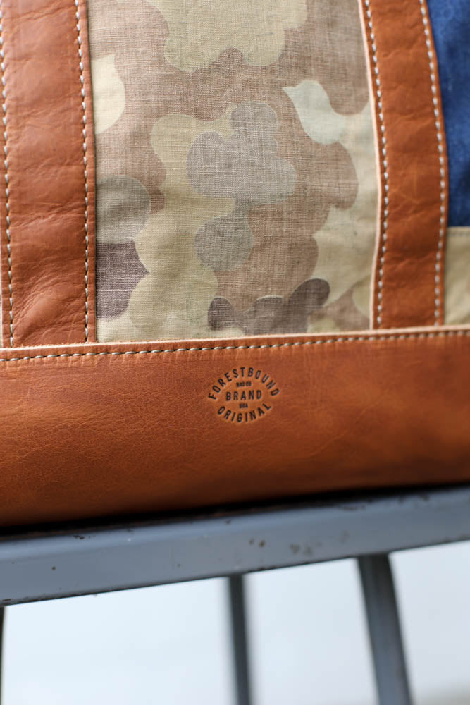 1940's era Salvaged Denim & Camo Tote Bag