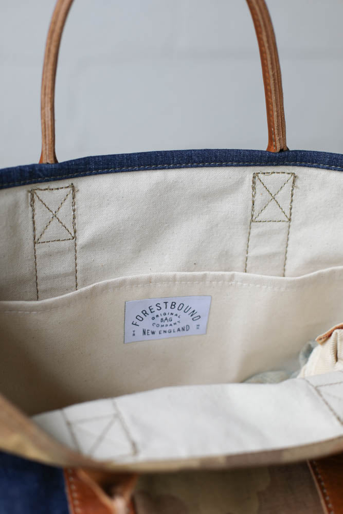 1940's era Salvaged Denim & Camo Tote Bag