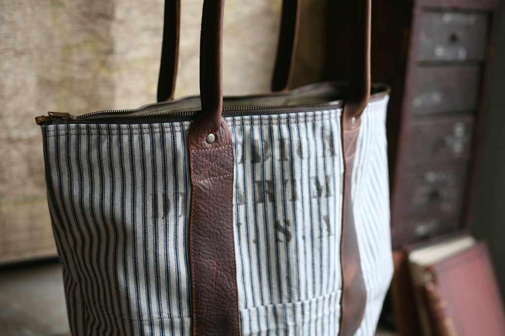 WWII era Ticking Fabric Zip-Top Carryall - SOLD