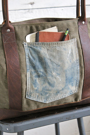 World War 1 era Canvas Carryall with 1920's era Denim Apron Pocket