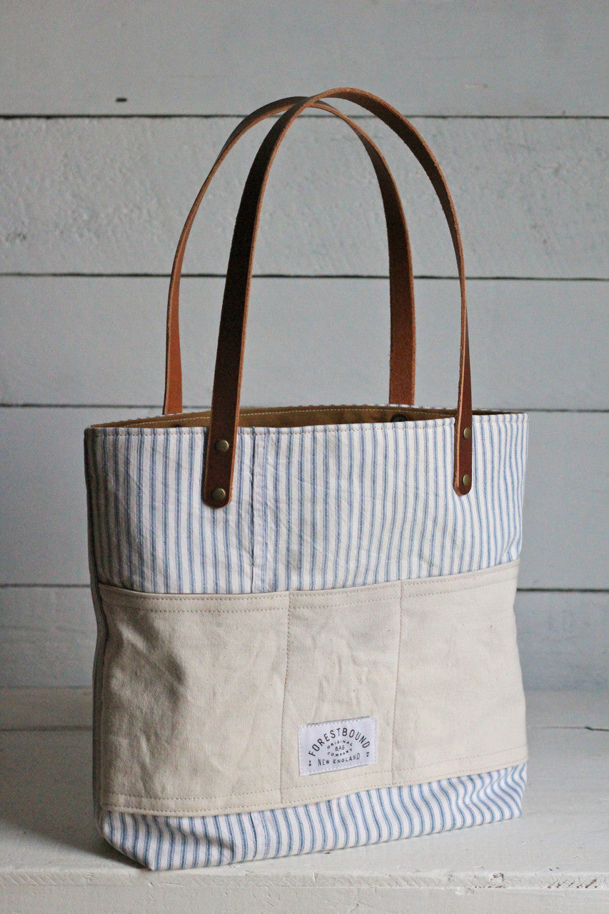 1950's era Ticking Fabric Pocket Tote Bag