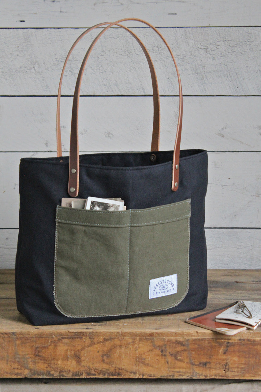 Recycled Black Cotton Pocket Tote Bag