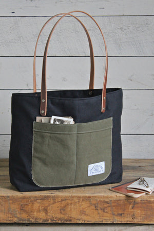 Recycled Black Cotton Pocket Tote Bag