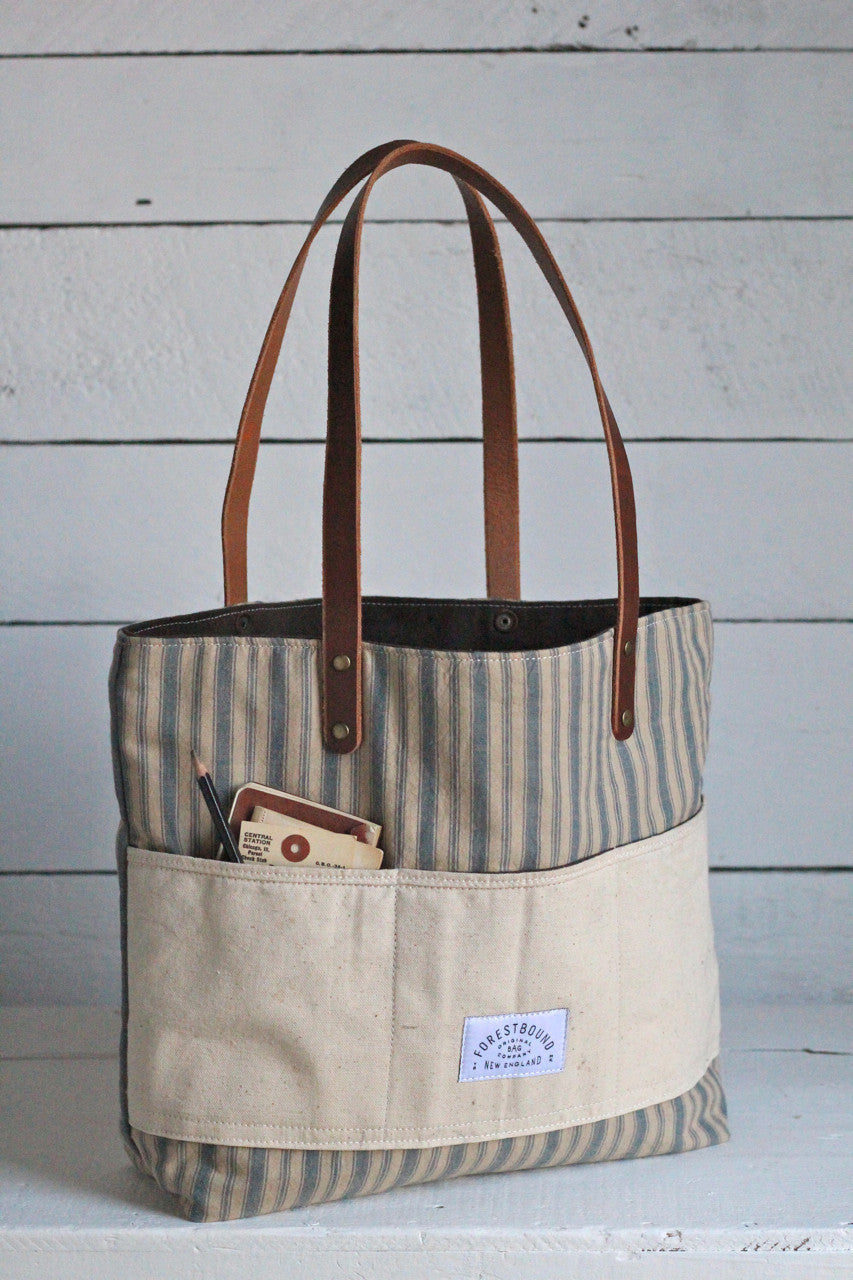 1950's era Ticking Fabric Pocket Tote Bag