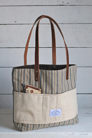 1950's era Ticking Fabric Pocket Tote Bag