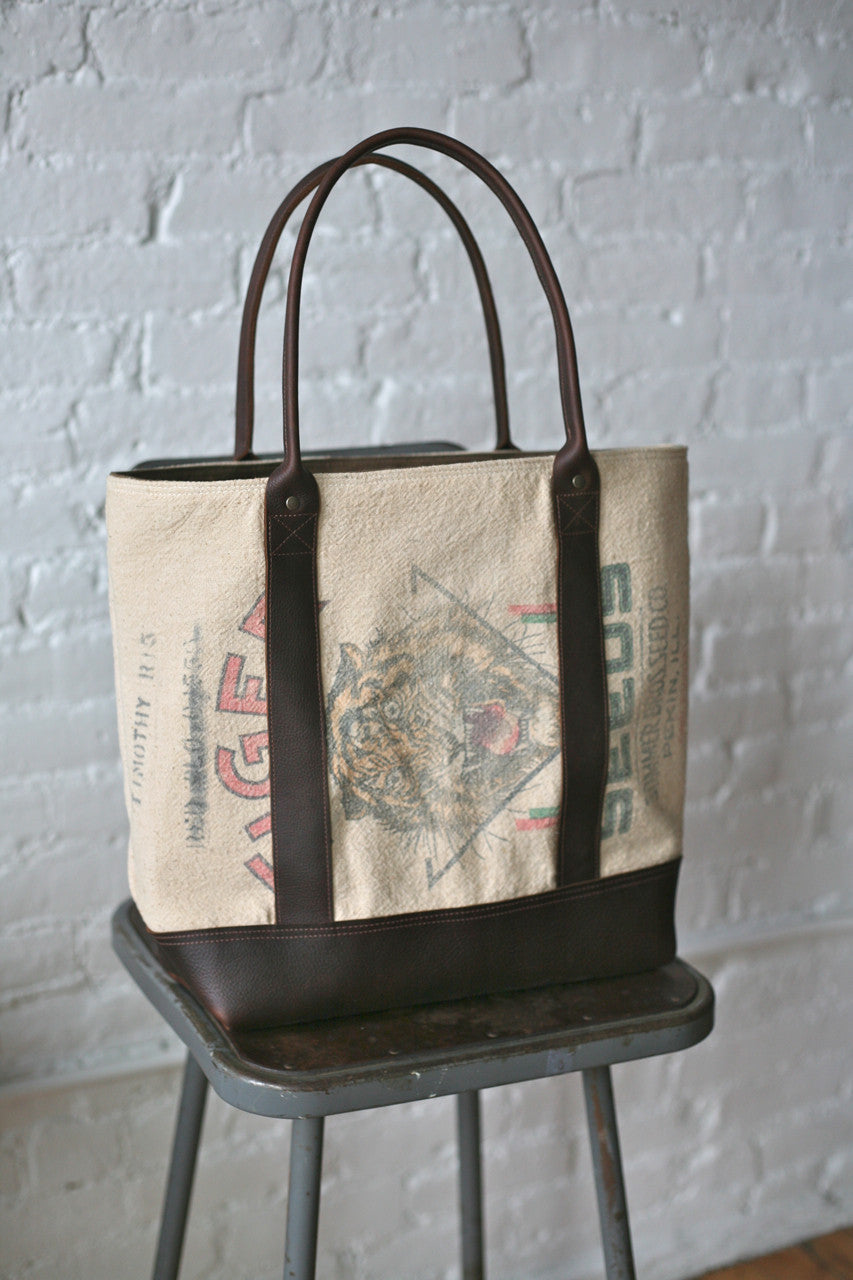 1940's era Grain Sack and Leather Carryall