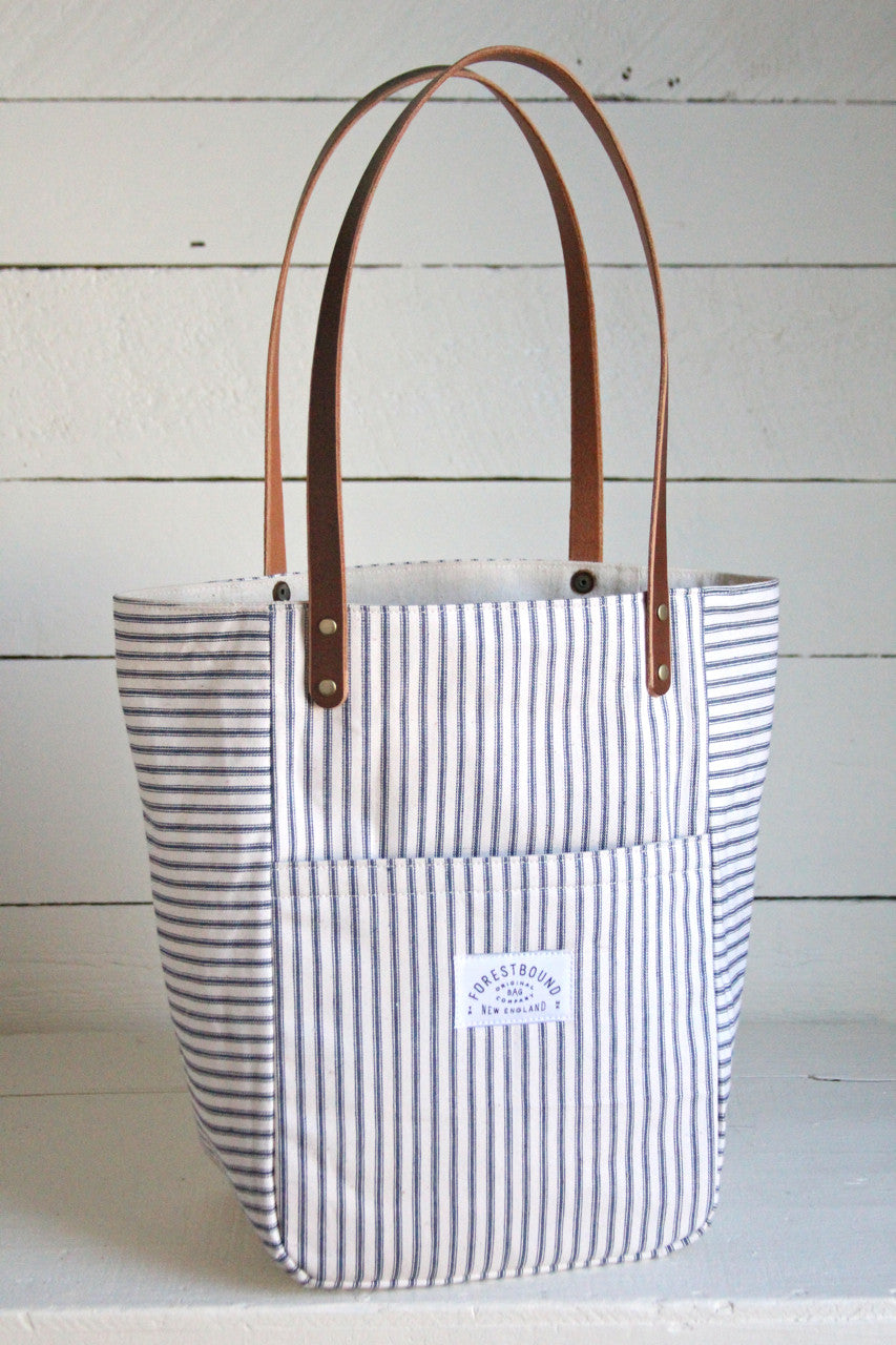 1940's era Ticking Fabric Pocket Tote Bag