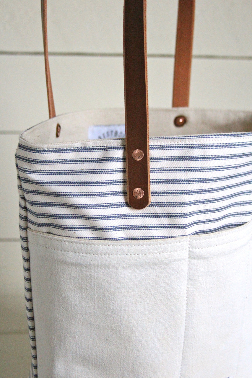 1950's era Ticking Fabric Pocket Tote Bag