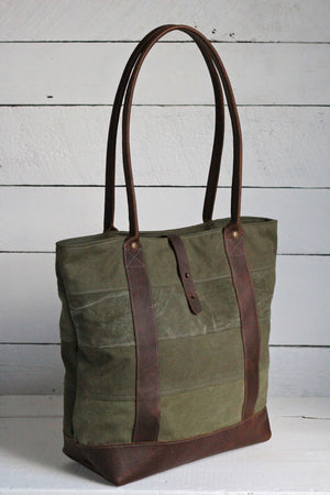 WWII era Striped Canvas and Leather Carryall