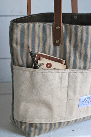1950's era Ticking Fabric Pocket Tote Bag