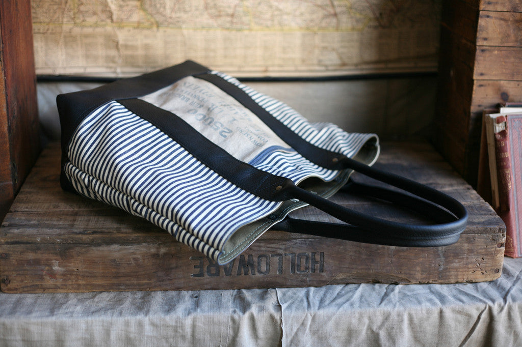 1950's era Ticking Fabric & Leather Carryall - SOLD