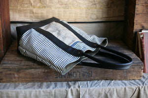 1950's era Ticking Fabric & Leather Carryall - SOLD