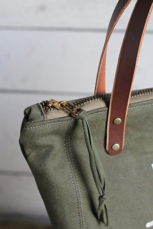 The Rambler Tote / WWII era Duffle Bag Canvas w/ Hand Printing